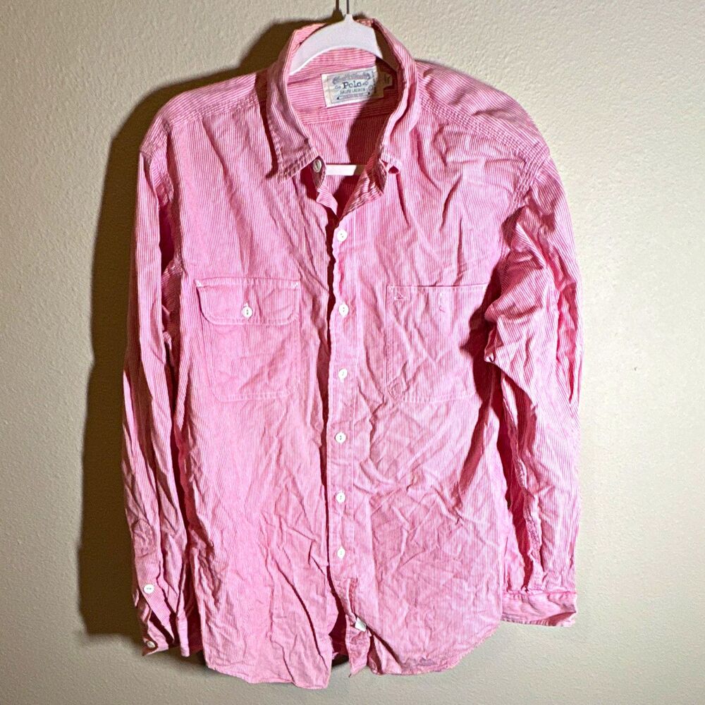 Polo Ralph Lauren Men’s Button Down Shirt Size L Pink/White Striped Woven Cotton
